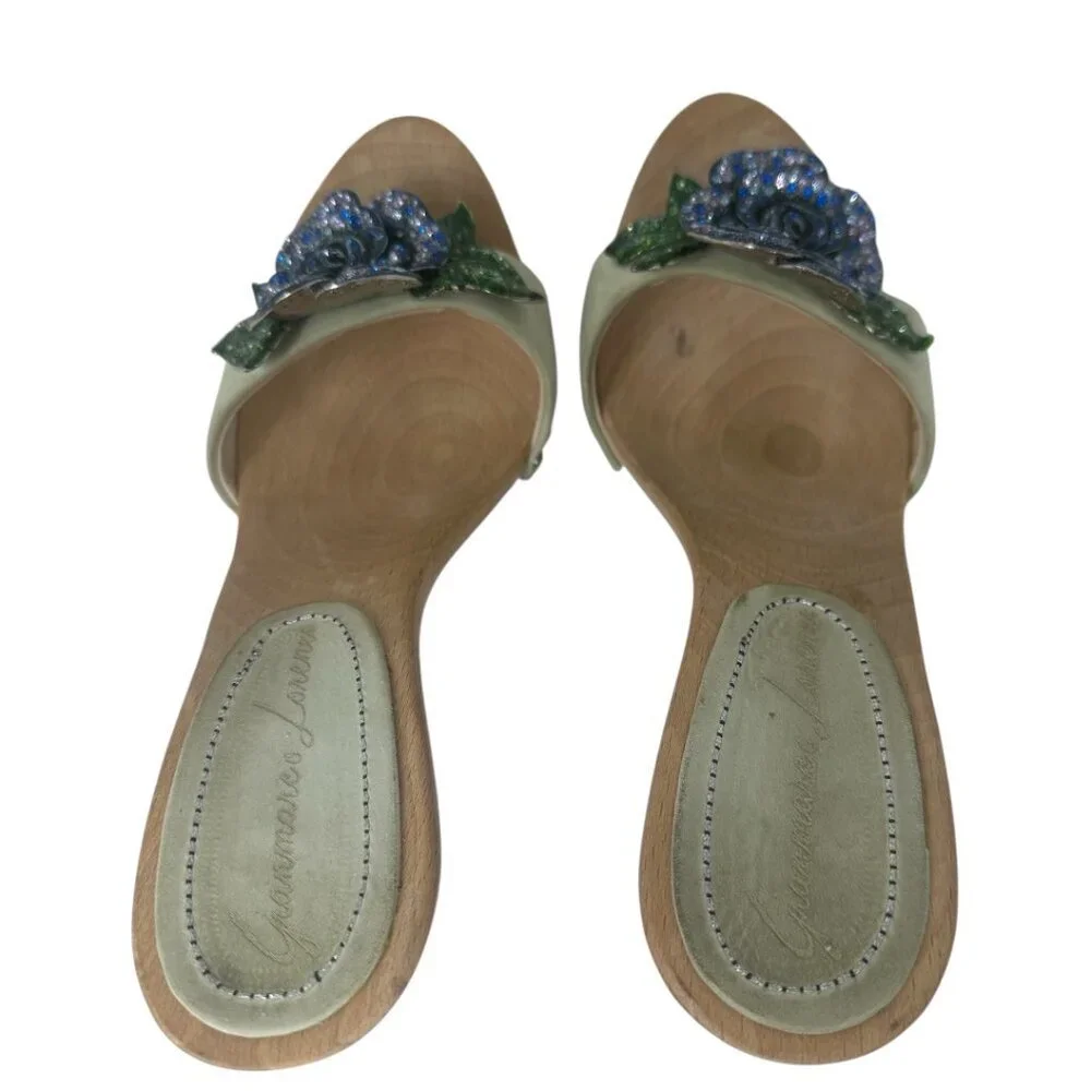 Rare Gianmarco Lorenzi Crystal Flower Wooden Platform Mules 36 / 6
